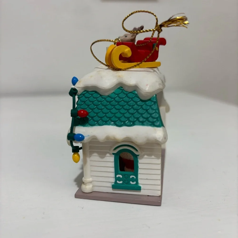 1991 up on the rooftop Christmas ornament plastic house reindeer Santa